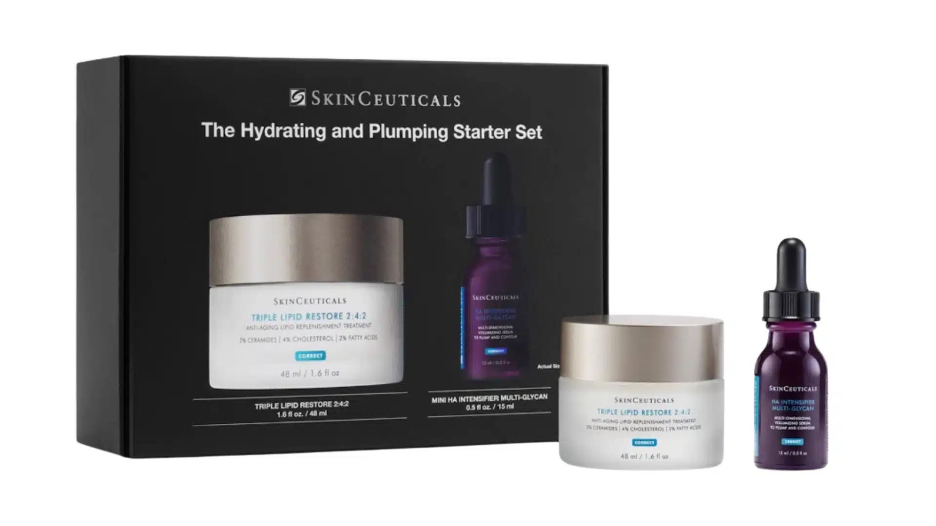 skinceuticals hydrating and plumping starter set box beside triple lipid restore cream and ha intensifier serum bottle