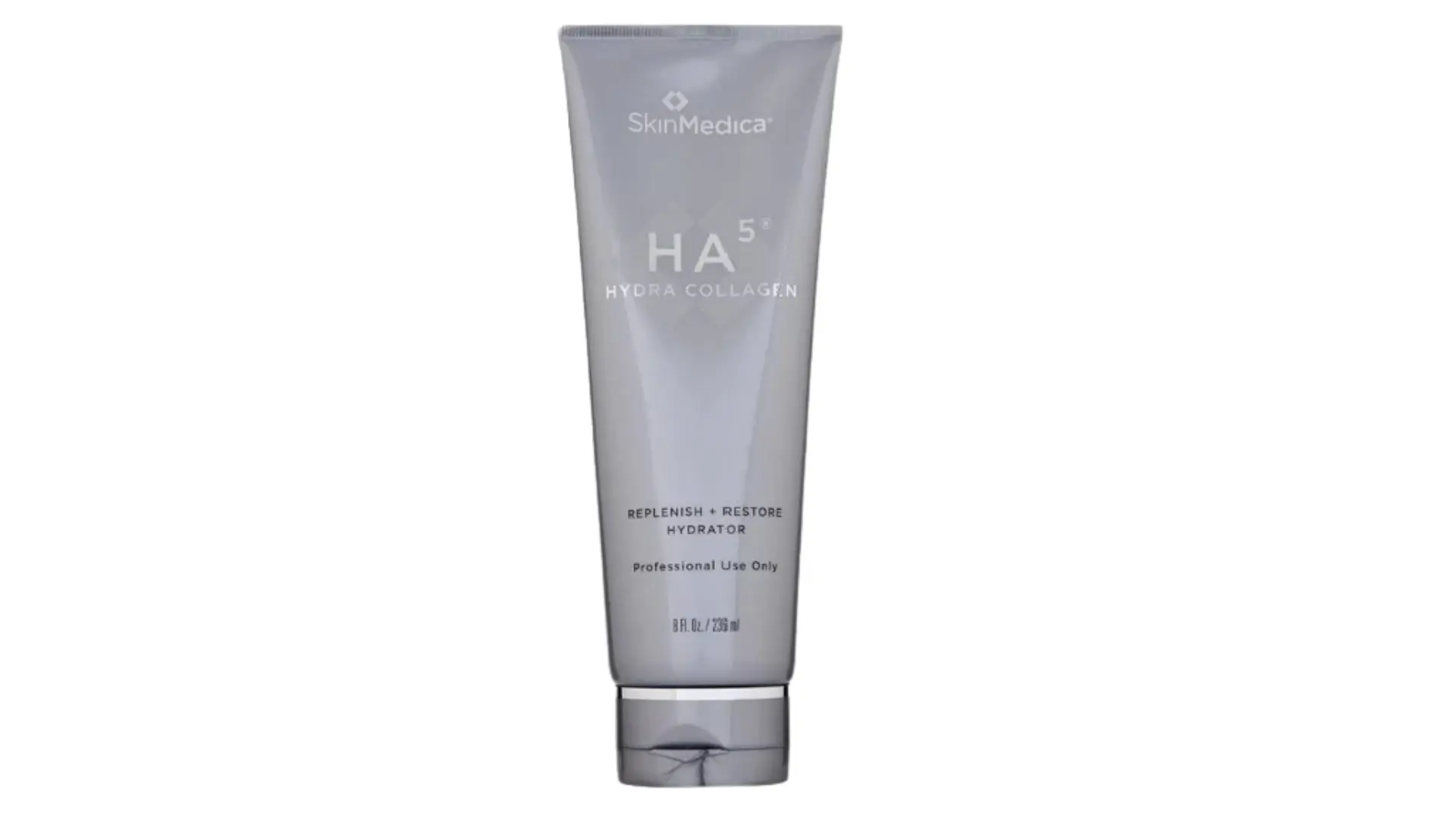 skinmedica ha hydra collagen replenish and restore hydrator in a silver gray squeeze tube on a clean white background