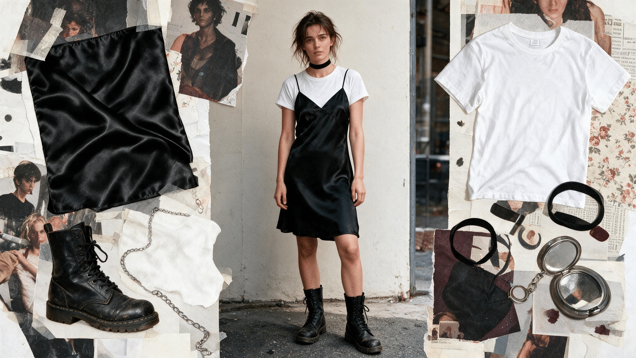 black slip dress over a white tee with combat boots silver accessories and feminine 90s grunge moodboard details