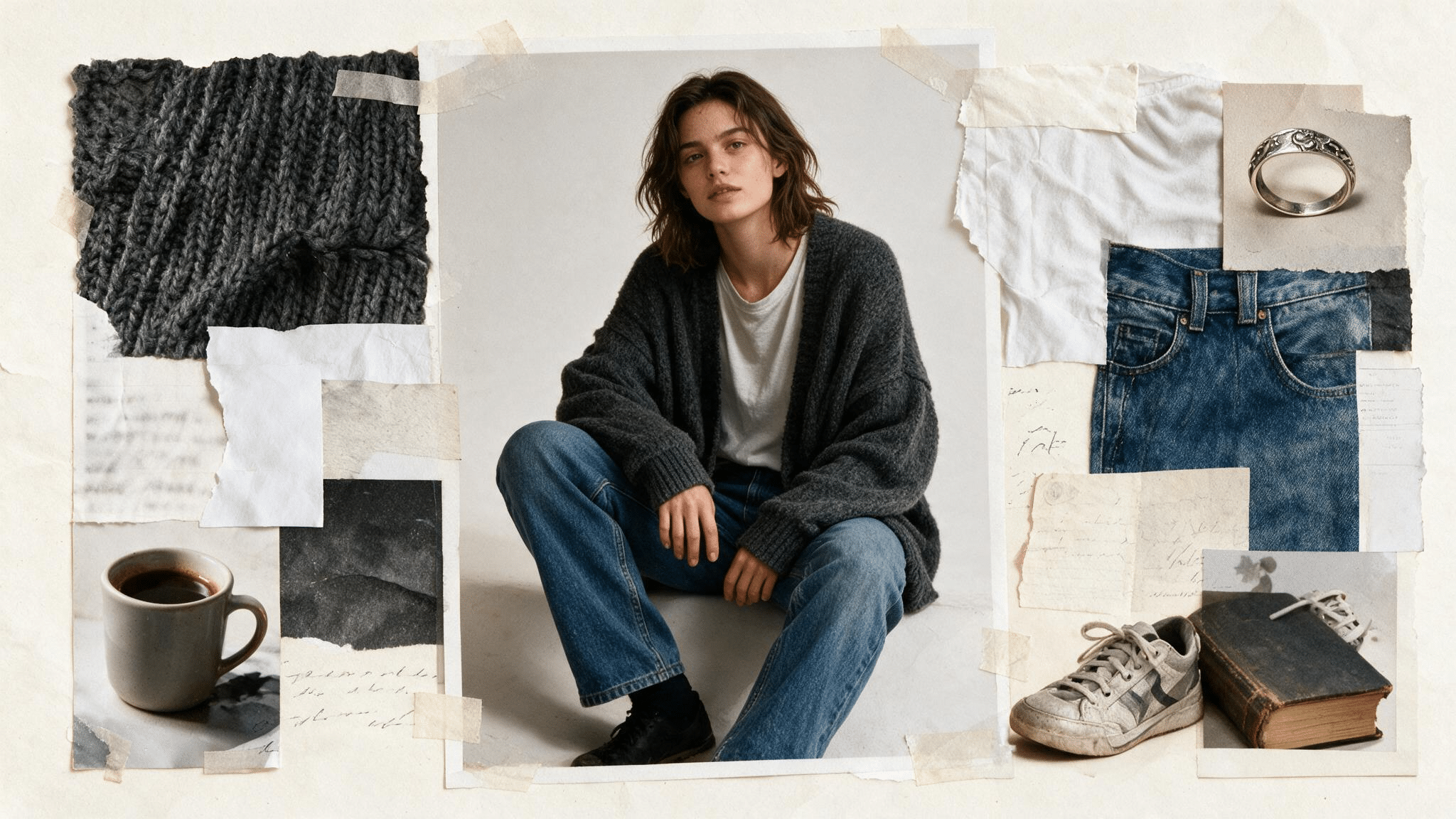 slouchy charcoal cardigan with a plain tee straight leg jeans worn shoes and soft handmade grunge moodboard details
