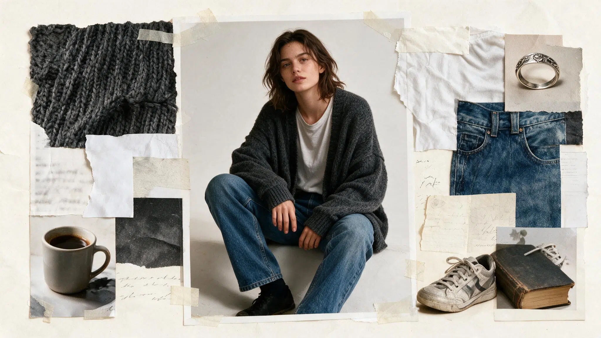 slouchy charcoal cardigan with a plain tee straight leg jeans worn shoes and soft handmade grunge moodboard details