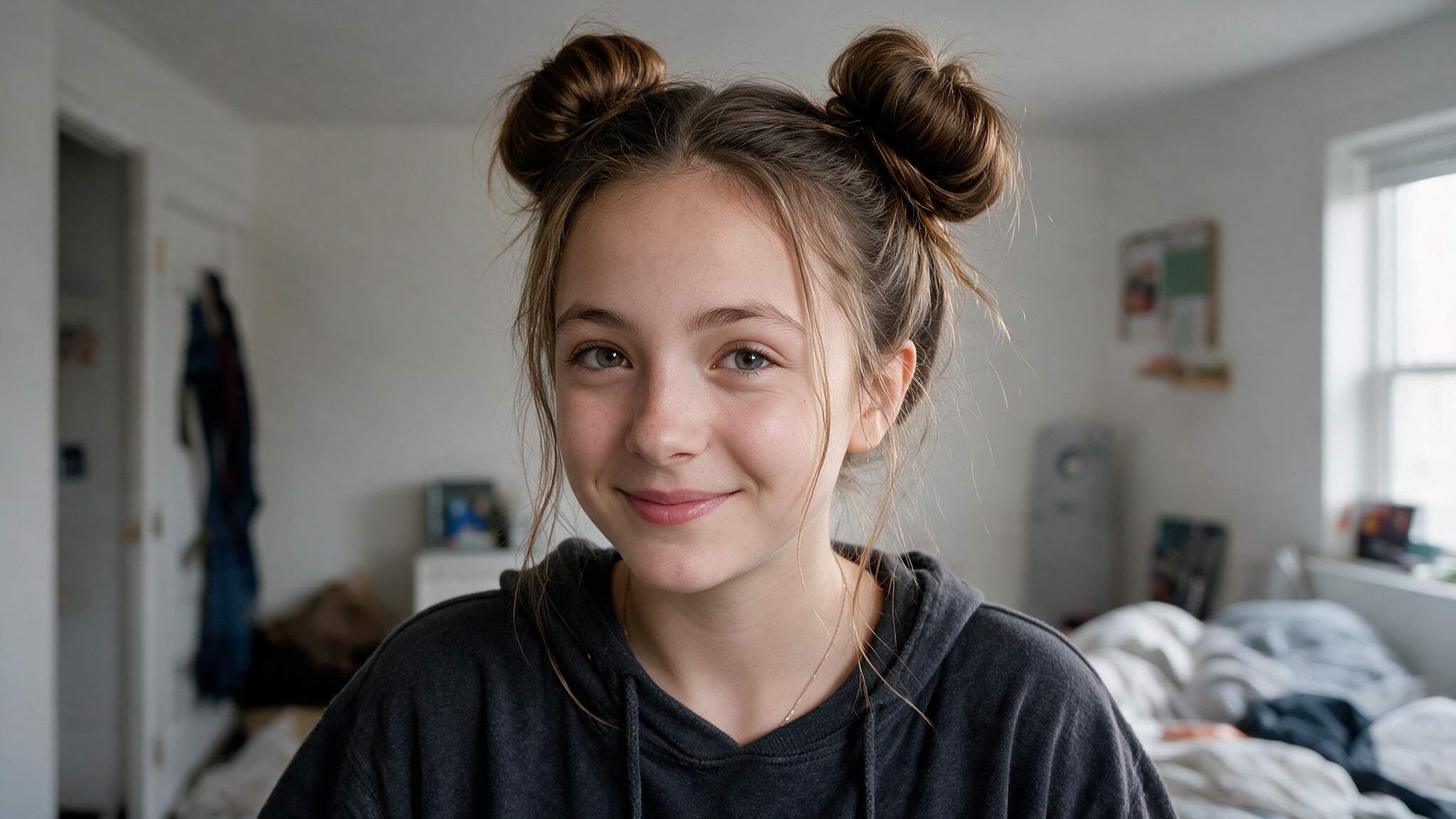 teen girl wearing messy space buns with natural loose strands
