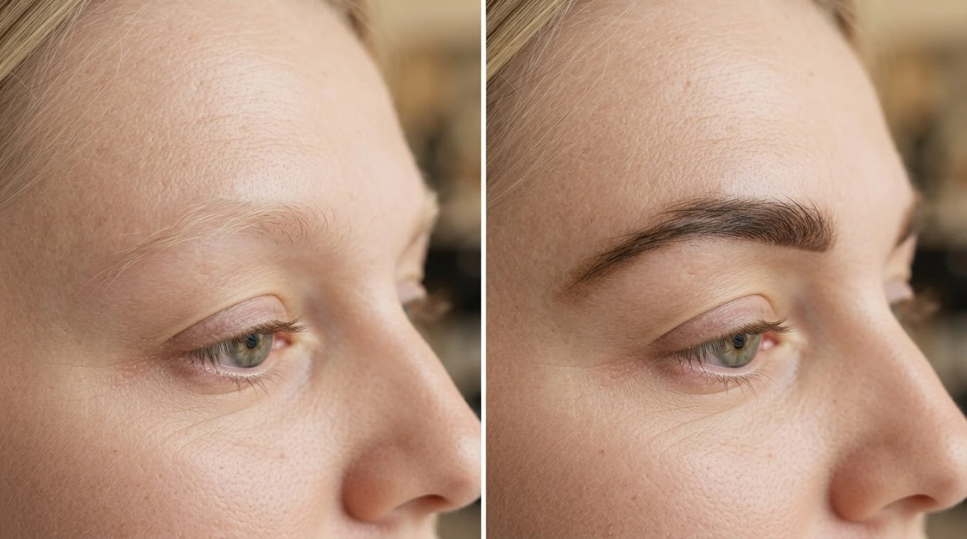 sparse eyebrow tint before and after on white american woman with visible natural gaps and textured skin