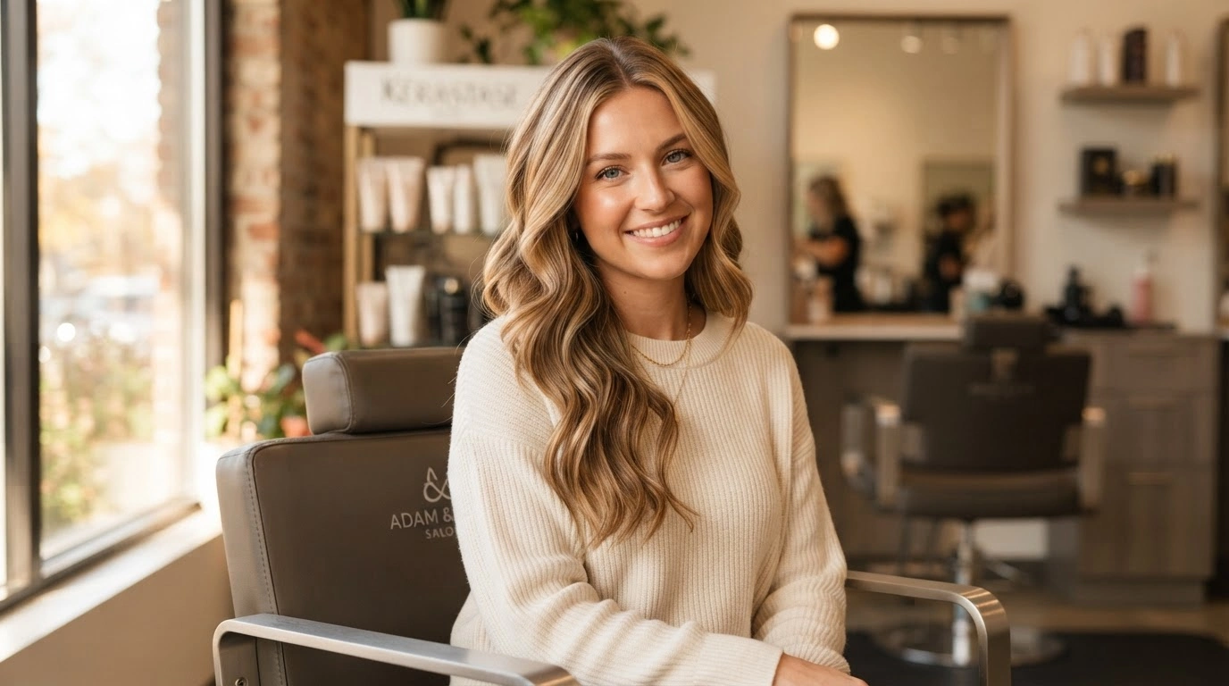 american woman with spiced blonde waves and warm seasonal tones
