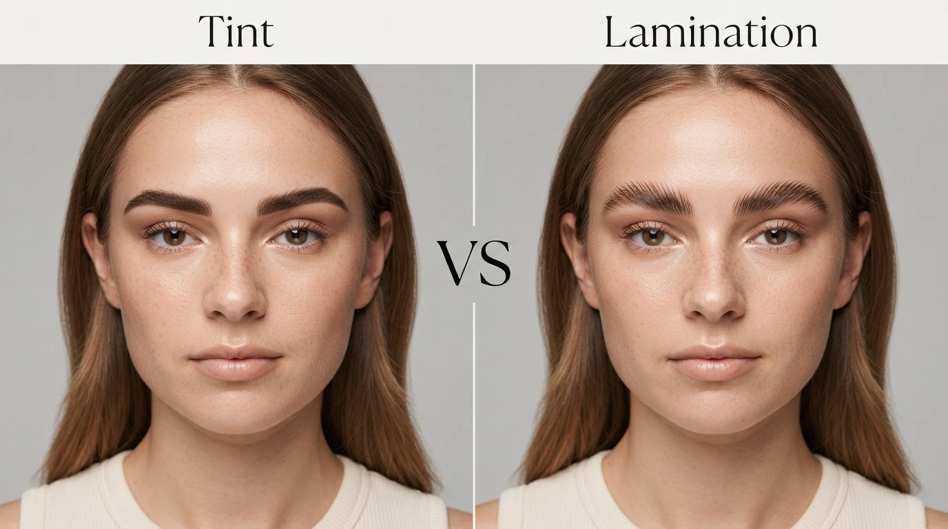 split screen showing eyebrow tint and brow lamination on a woman with natural skin texture