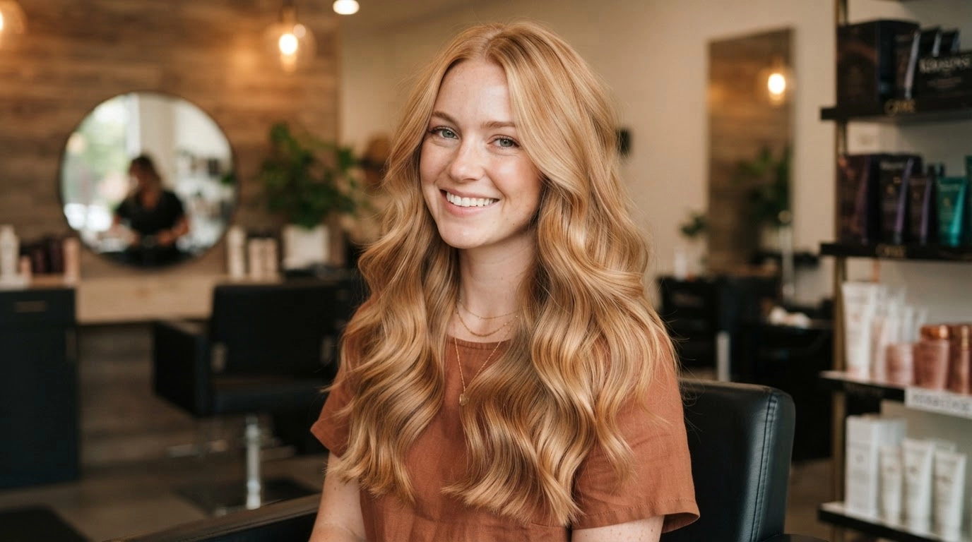 american woman with strawberry blonde waves and warm autumn hair color