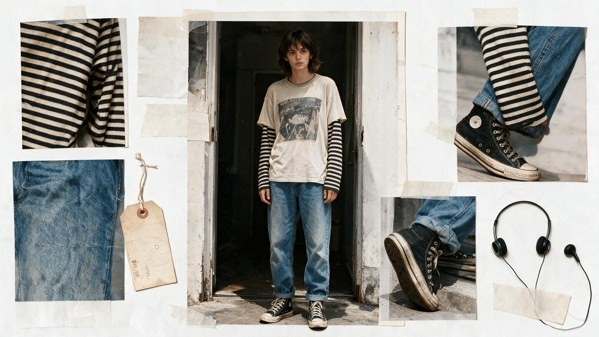 striped long sleeve under a faded tee with loose blue jeans worn high tops and casual 90s grunge collage textures