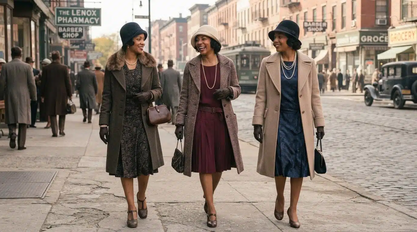harlem women in day dresses, cloche hats, coats, gloves, pearls, and period-style shoes