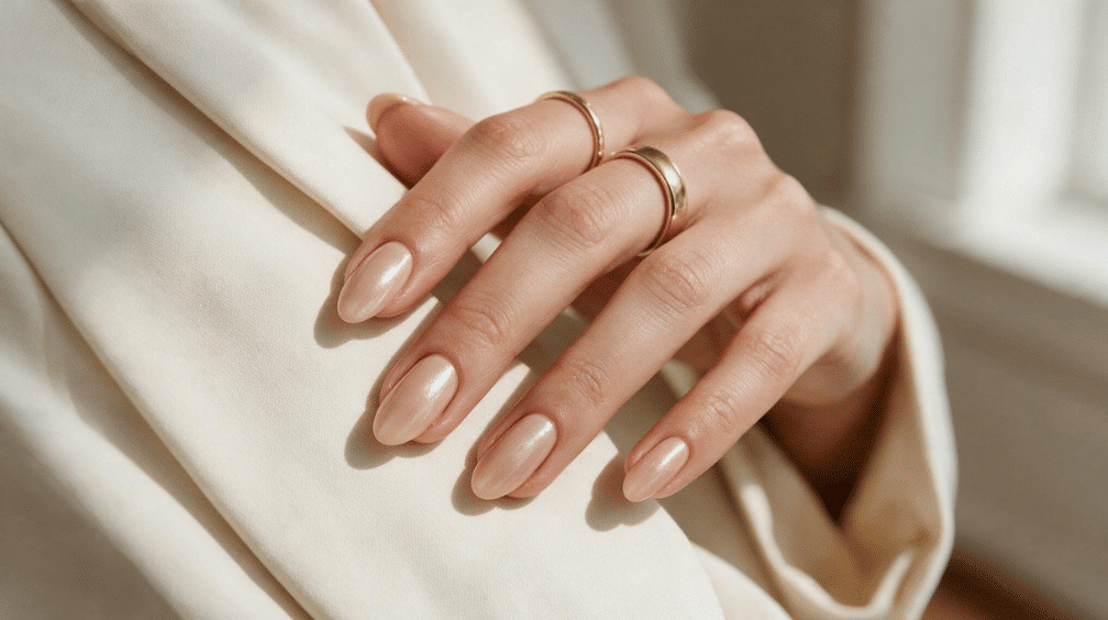 pearly nude shimmer nails with a soft reflective finish resting on ivory fabric with gold rings