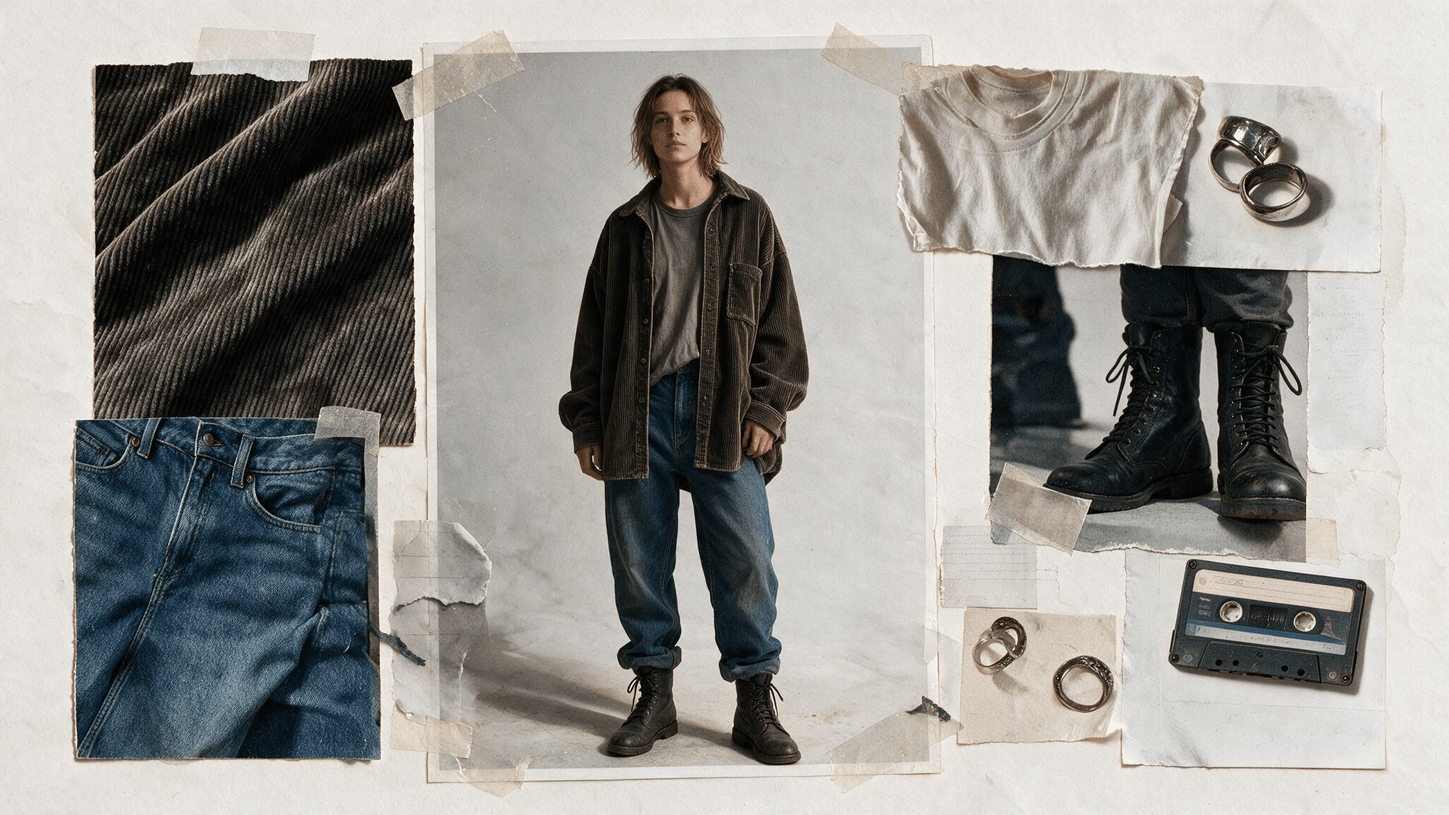 grunge moodboard with model in open corduroy overshirt washed tee loose jeans dark boots and layered torn paper scrap