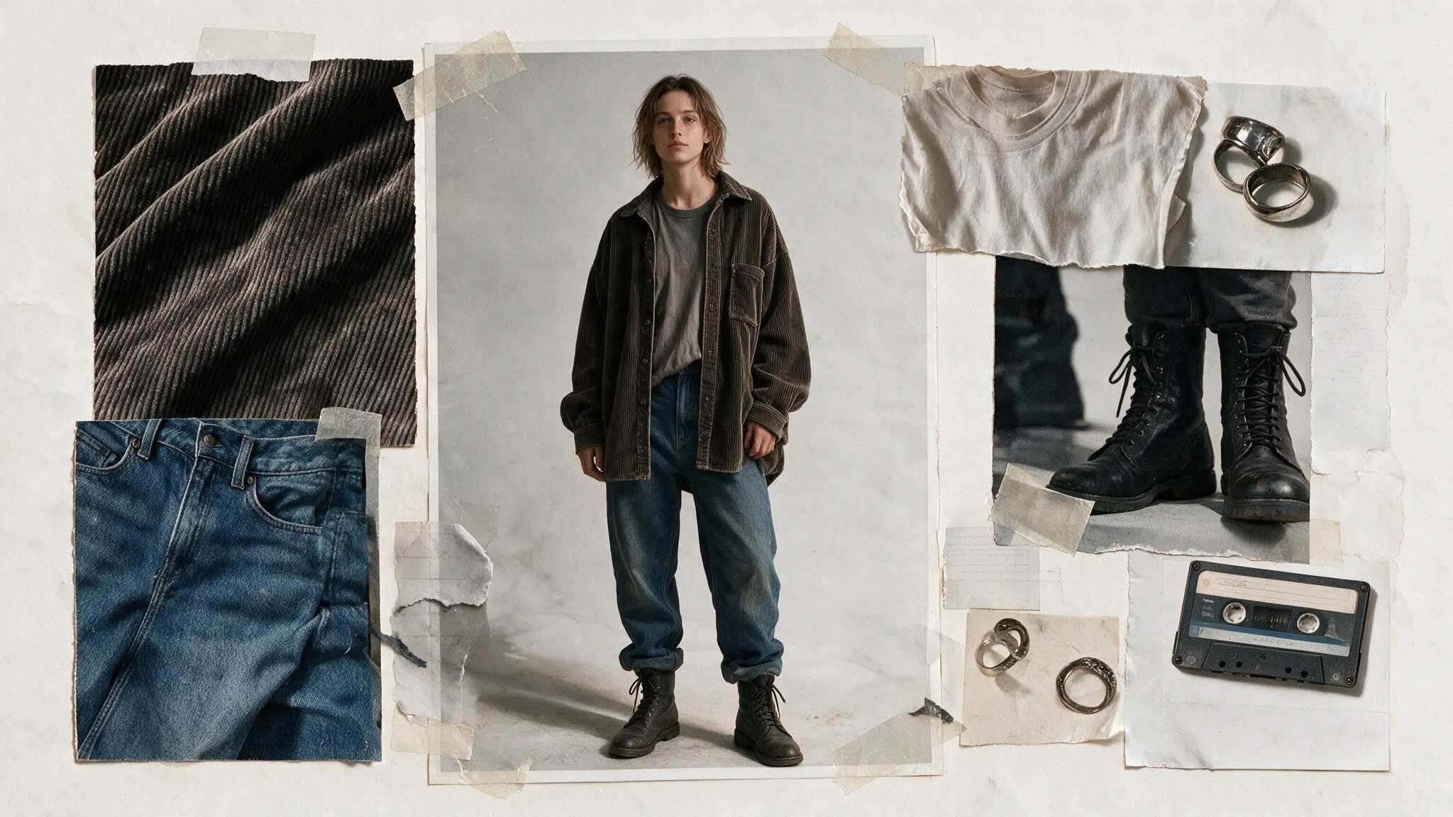 grunge moodboard with model in open corduroy overshirt washed tee loose jeans dark boots and layered torn paper scrap