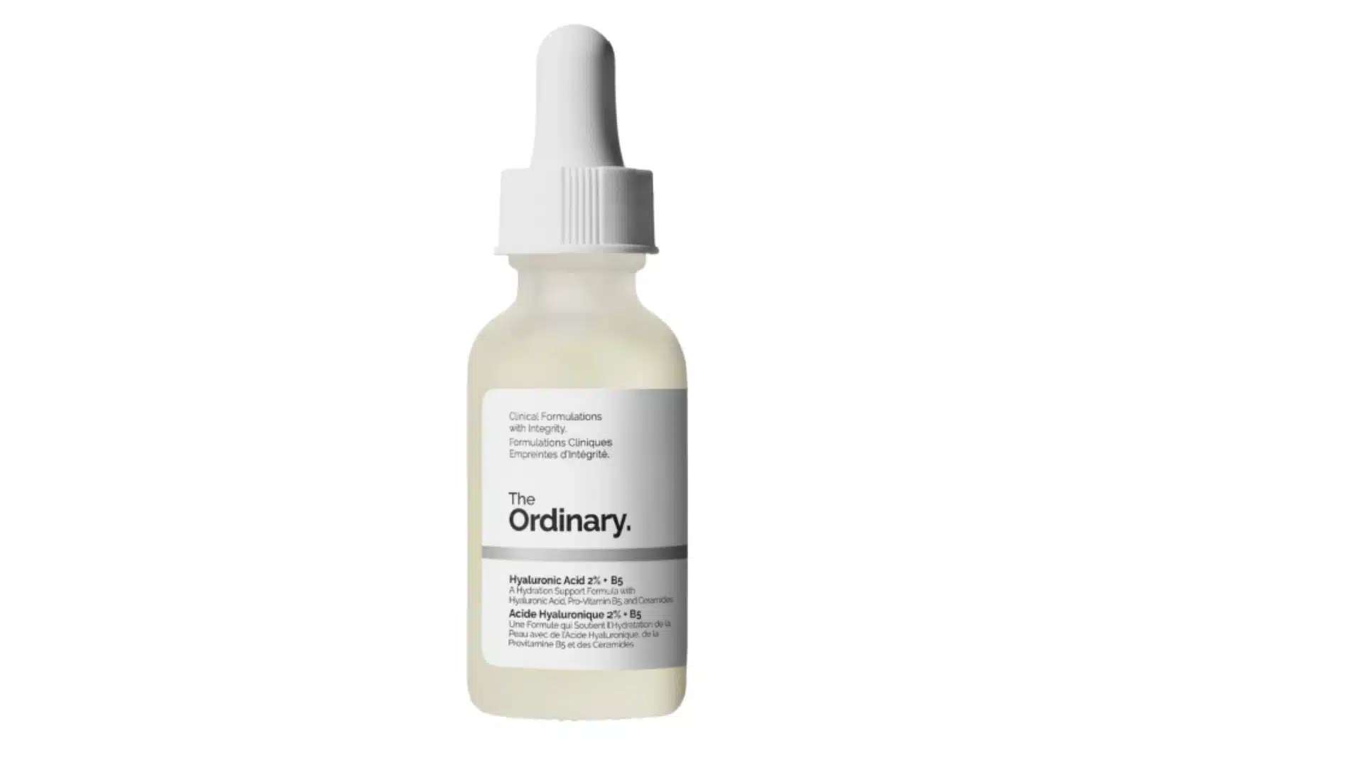 the ordinary hyaluronic acid serum bottle with white dropper cap, labeled with hyaluronic acid and vitamin b5