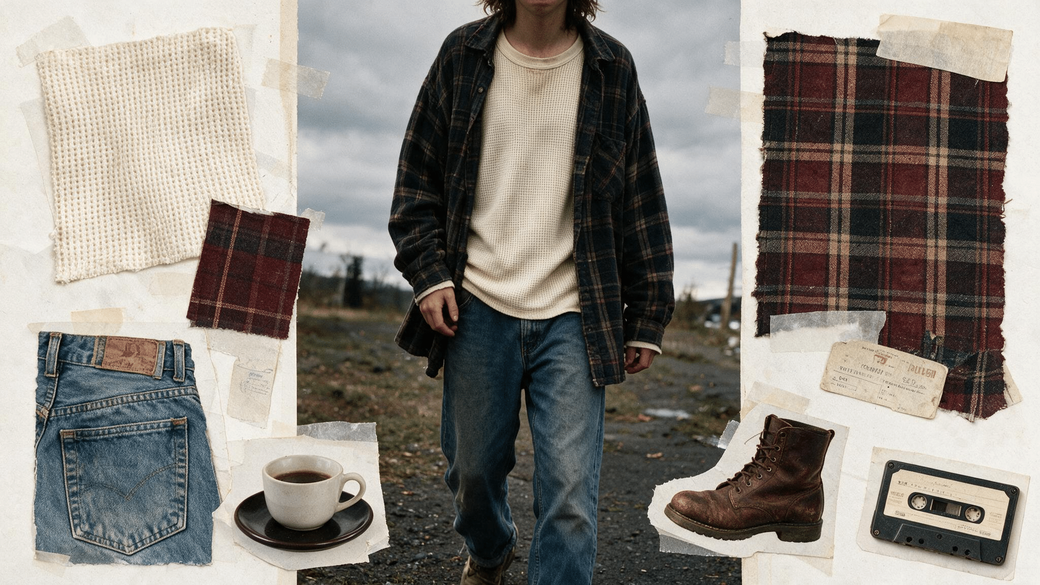cream thermal under an open plaid flannel with faded jeans worn shoes and thrifted seattle grunge collage details