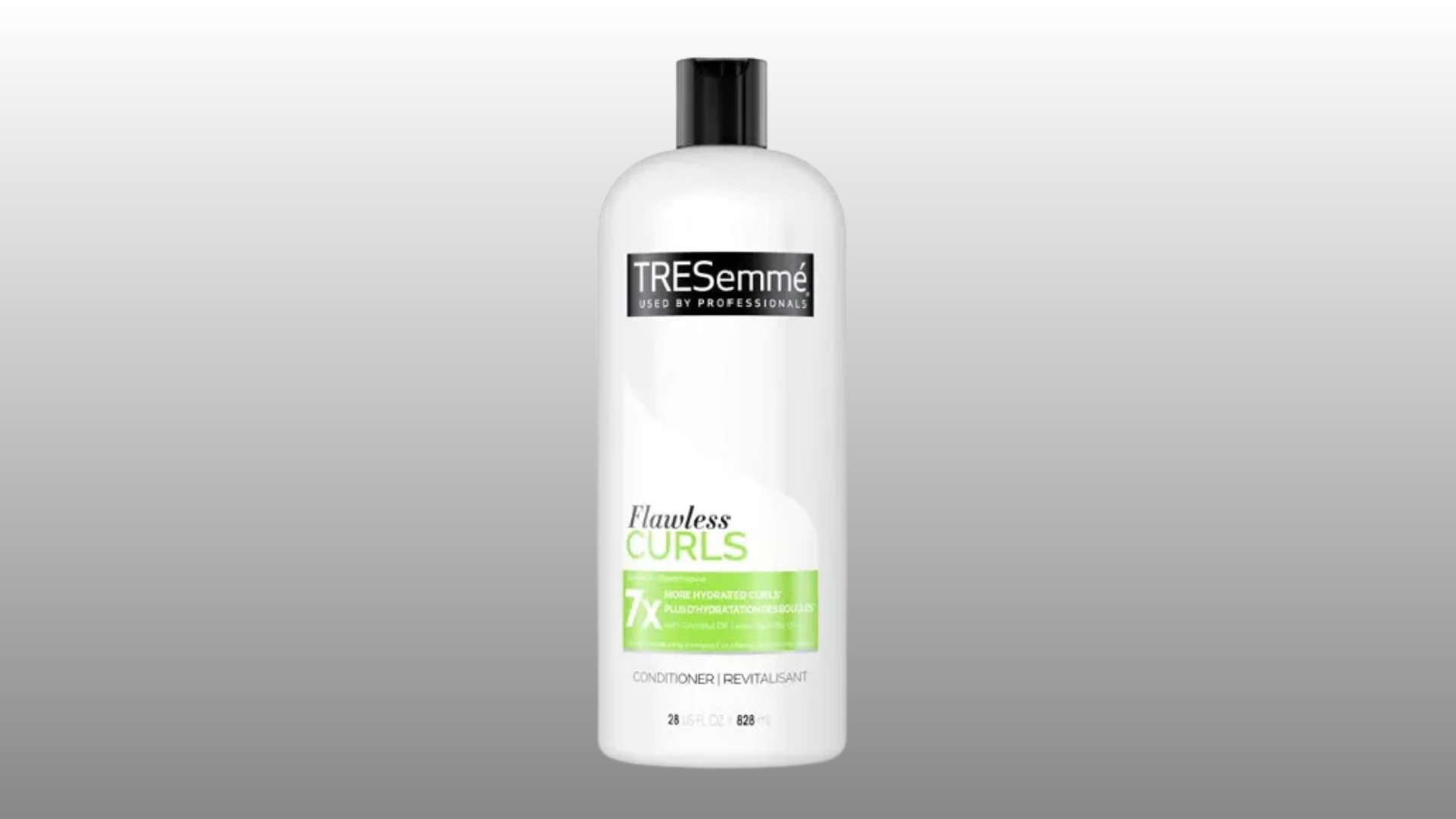 tresemmé flawless curls conditioner bottle with green label on gray background for hair care product display