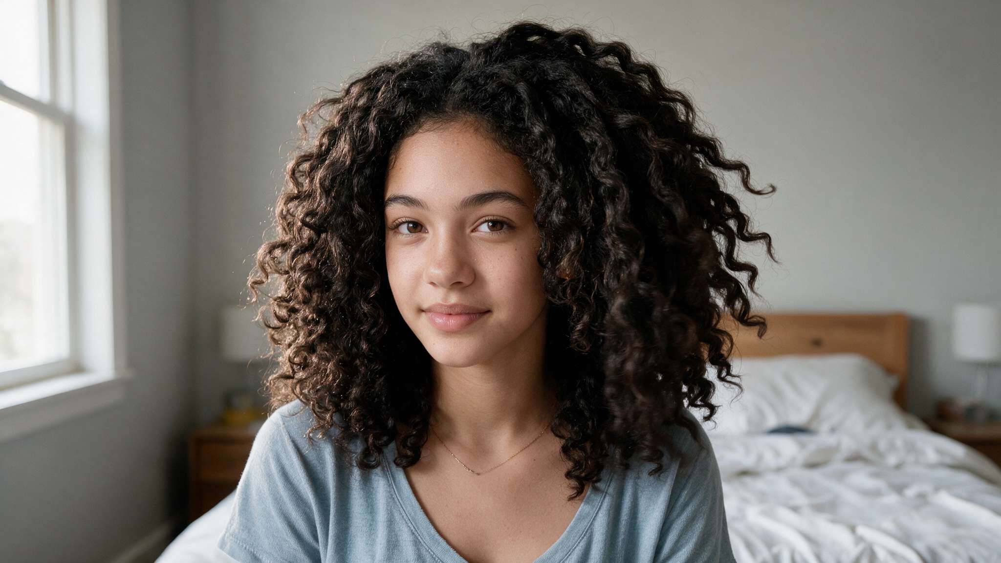 teen girl wearing twist out hairstyle with natural curls and realistic volume
