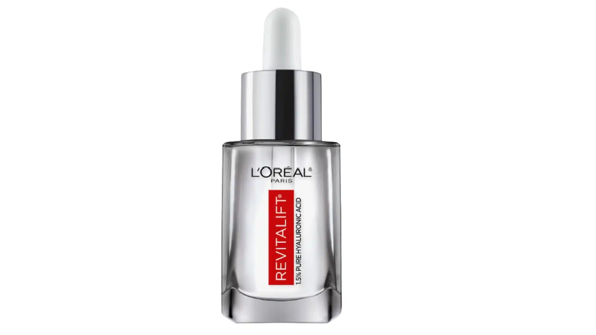 l'oreal paris revitalift pure hyaluronic acid serum bottle with clear glass and a white dropper cap on the top