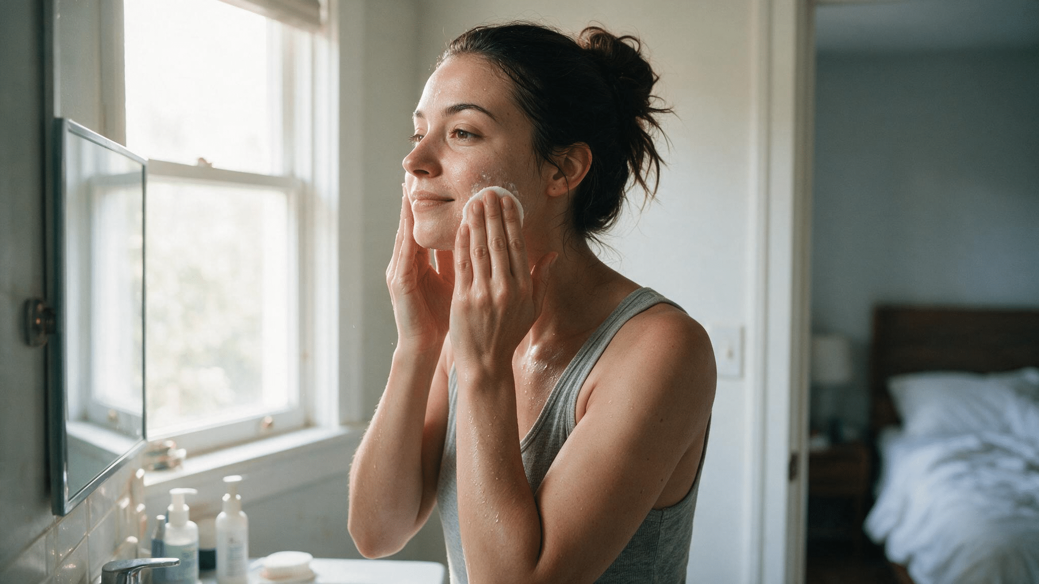 woman washing face with gentle cleanser in morning bathroom showing natural skin texture and fresh skincare routine