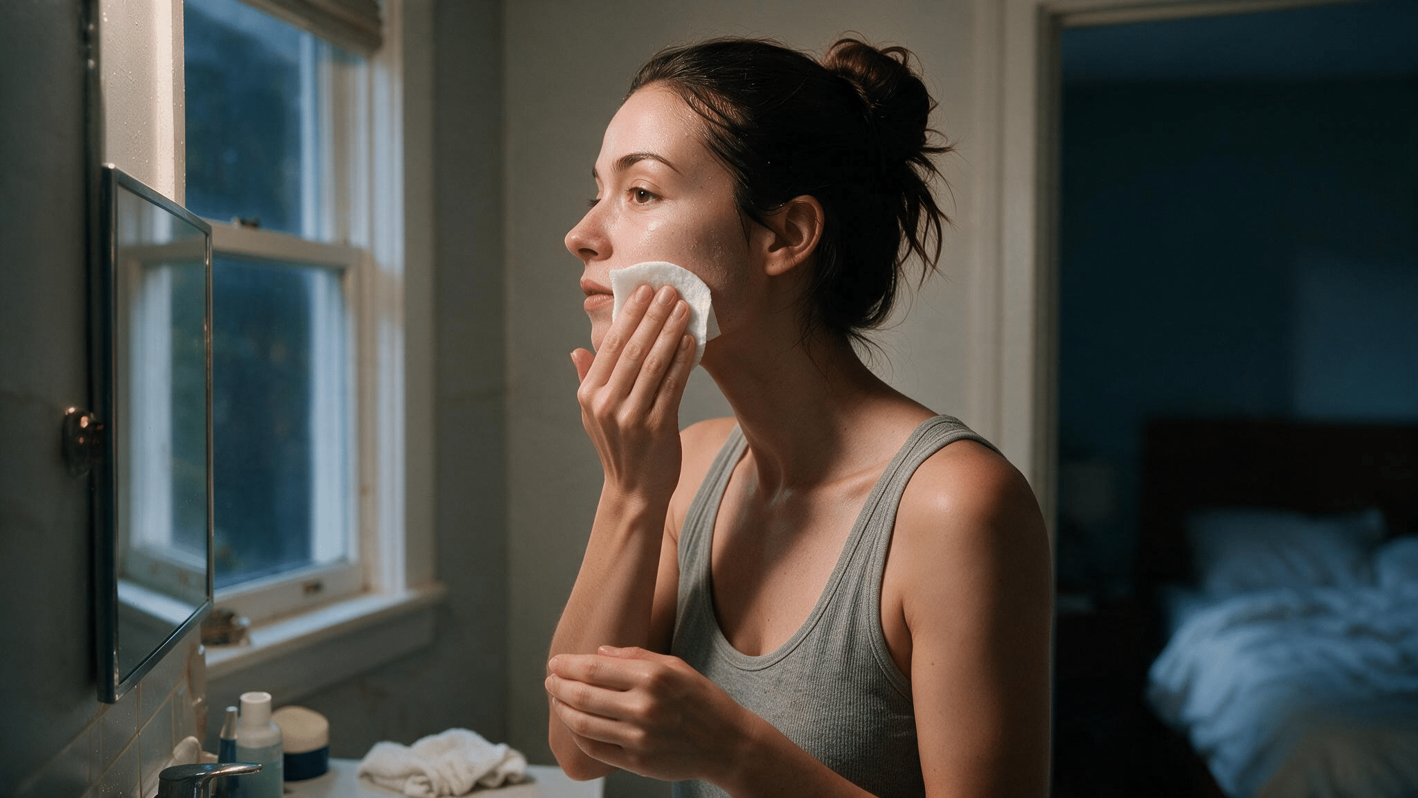 woman applying chemical exfoliant carefully during evening skincare routine with natural skin details visible