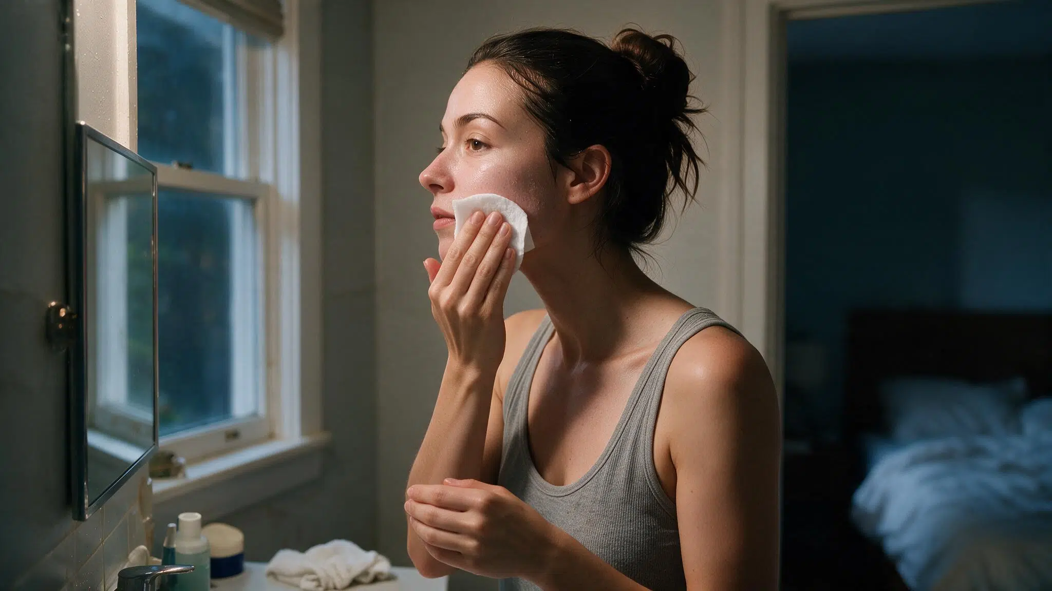 woman applying chemical exfoliant carefully during evening skincare routine with natural skin details visible