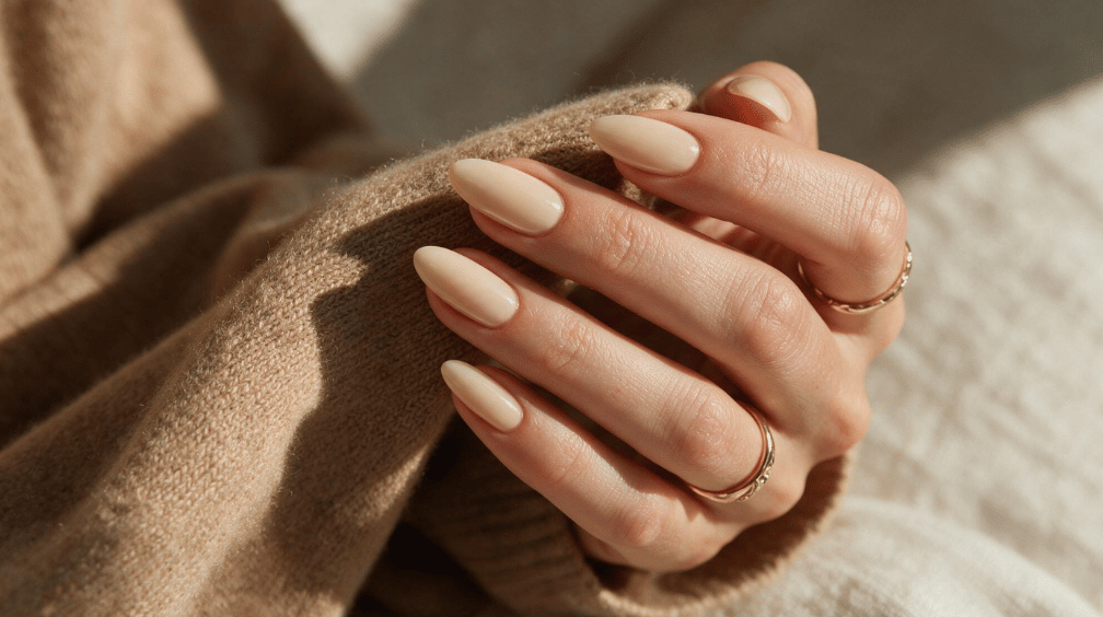 warm creamy vanilla nude almond nails with a glossy finish resting against a soft brown knit sweater