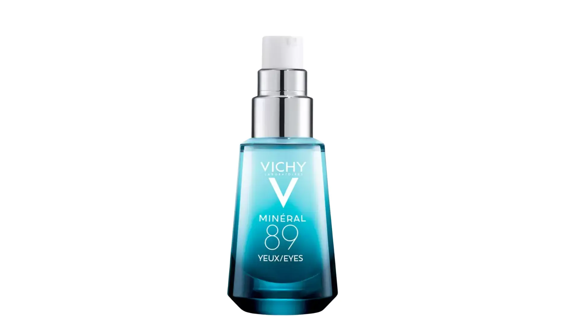 vichy minéral eyes serum in a teal glass bottle with a chrome pump, shown on a white background