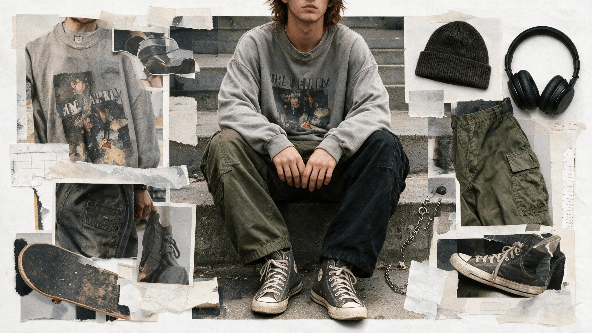 faded oversized sweatshirt with loose cargo pants scuffed high tops and skate inspired 90s grunge collage details