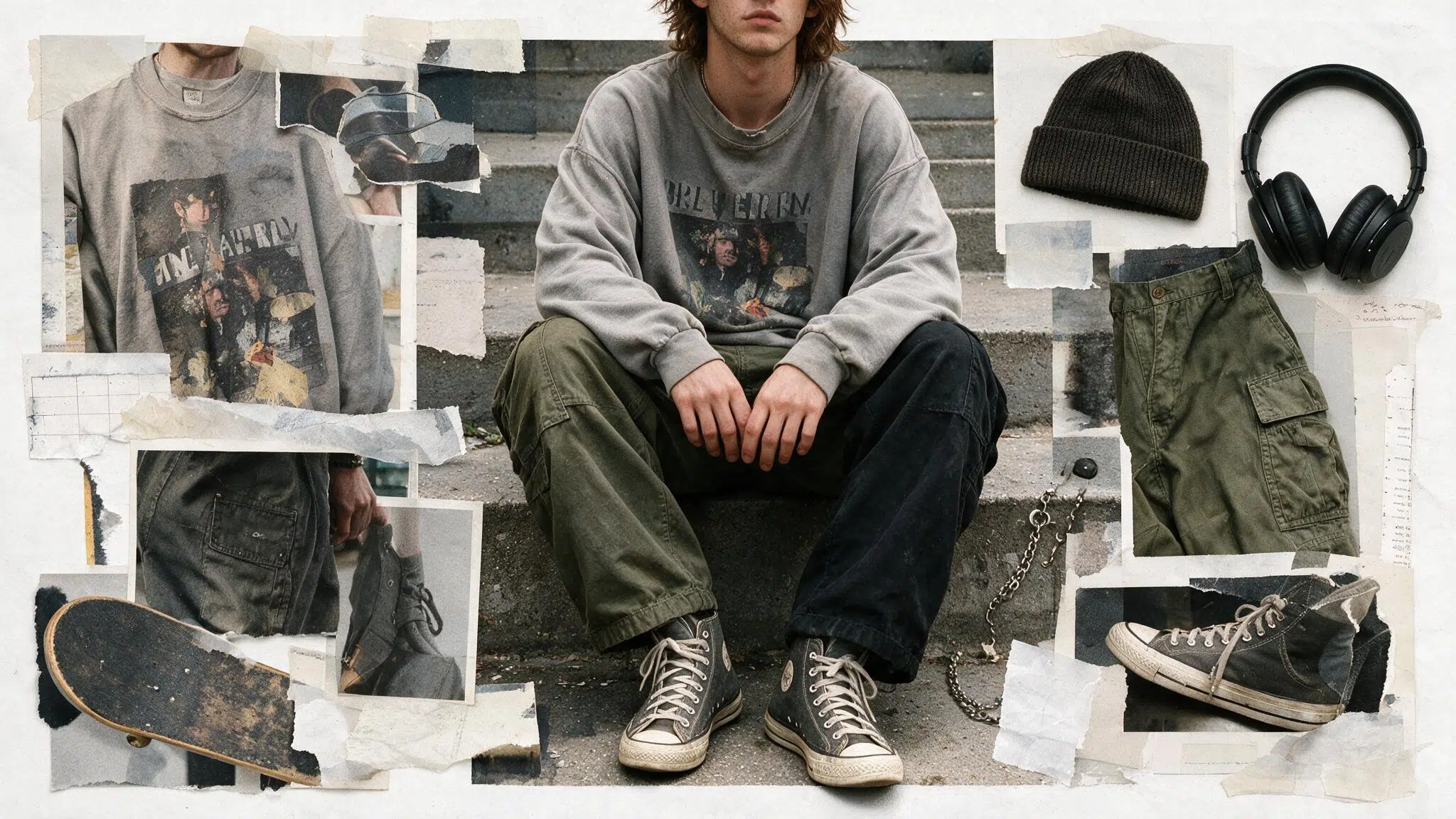 faded oversized sweatshirt with loose cargo pants scuffed high tops and skate inspired 90s grunge collage details