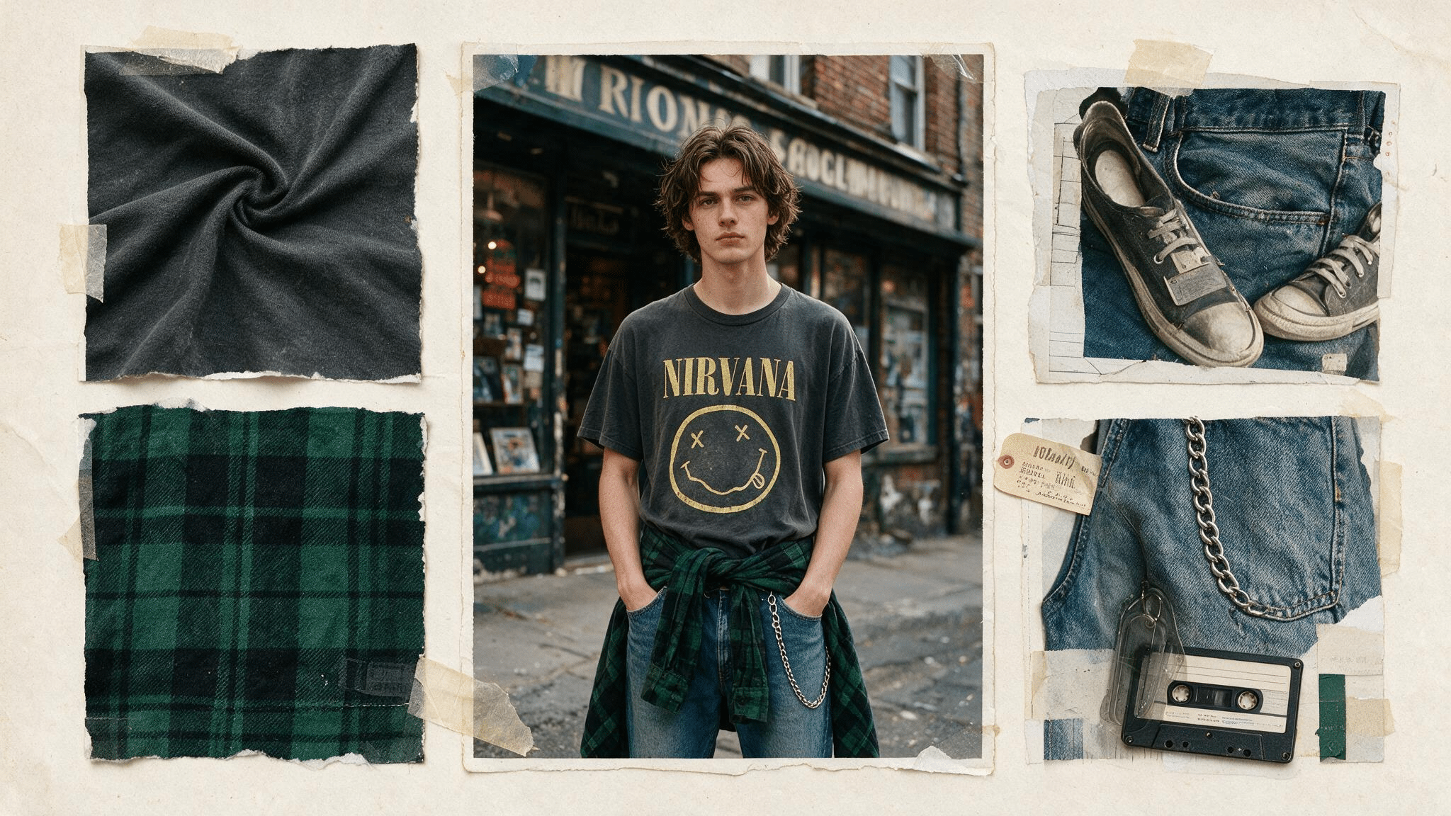 faded vintage tee with relaxed blue jeans dark flannel worn sneakers and raw unisex 90s grunge moodboard details