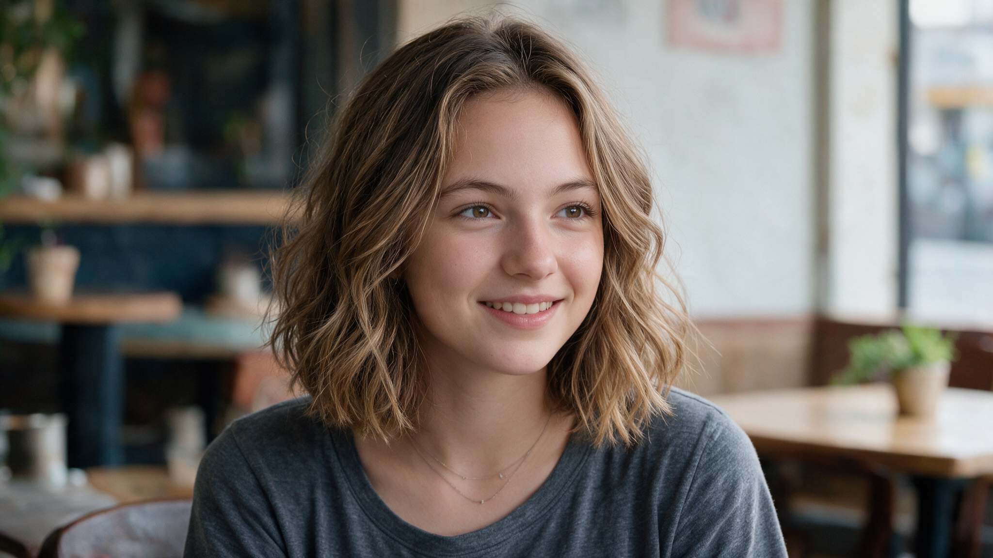 teen girl wearing wavy bob haircut with soft natural waves and texture