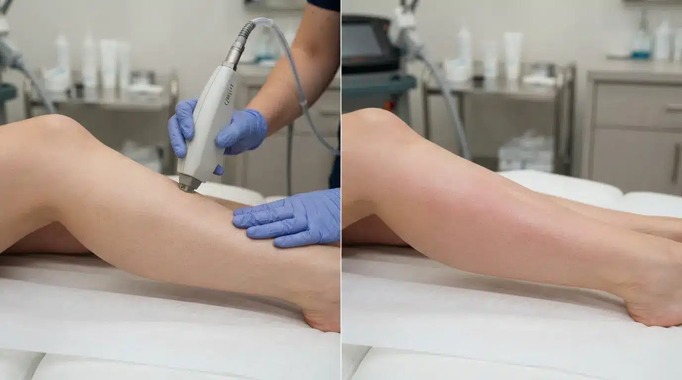 close view of laser hair removal treatment with calm client and mildly flushed skin afterward