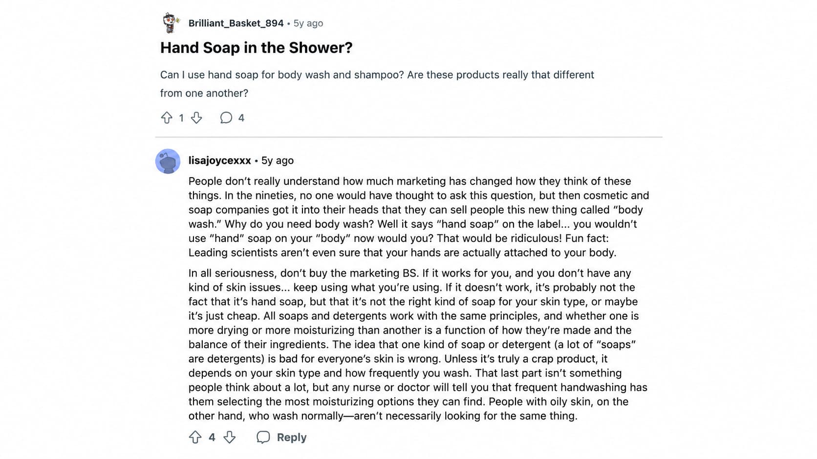 reddit discussion showing a user asking about using hand soap in the shower