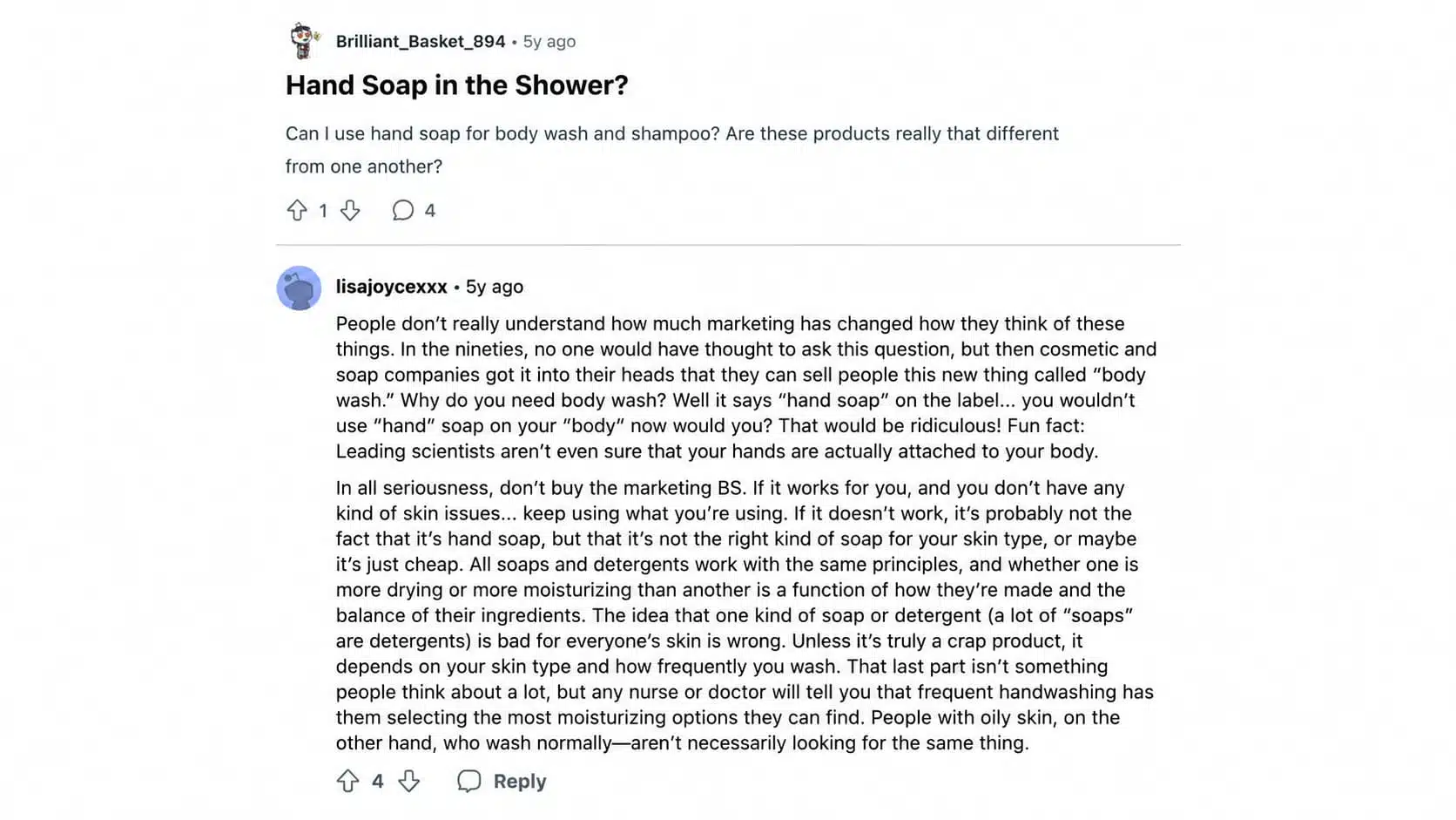reddit discussion showing a user asking about using hand soap in the shower