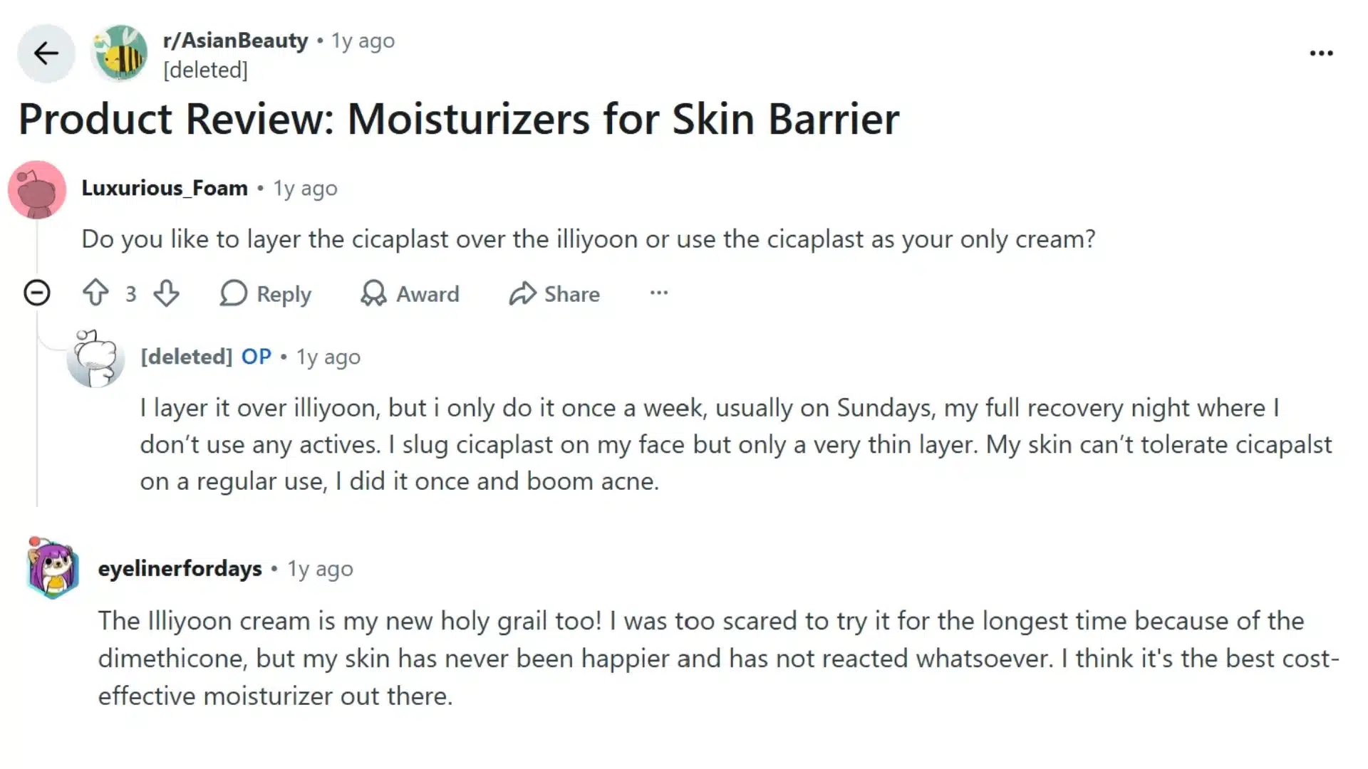 reddit discussion about moisturizer choices for repairing and maintaining the skin barrier with creams