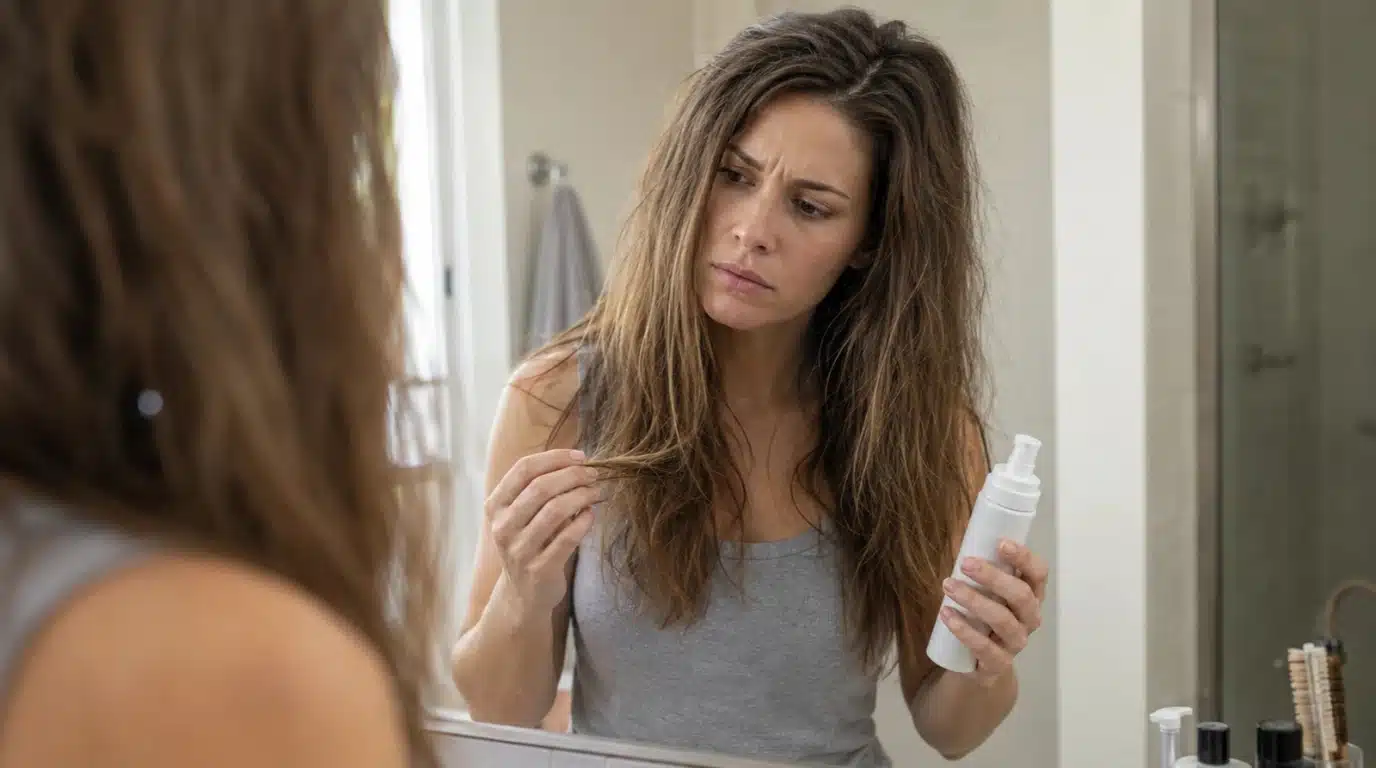 woman examining dry damaged hair while holding a plain mousse bottle in a bathroom setting with visible frizz and buildup signs
