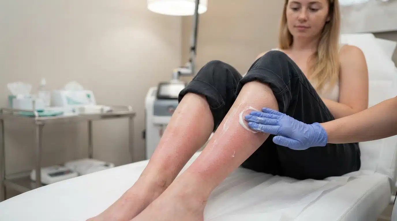 white american woman showing mild skin reactions after laser hair removal treatment