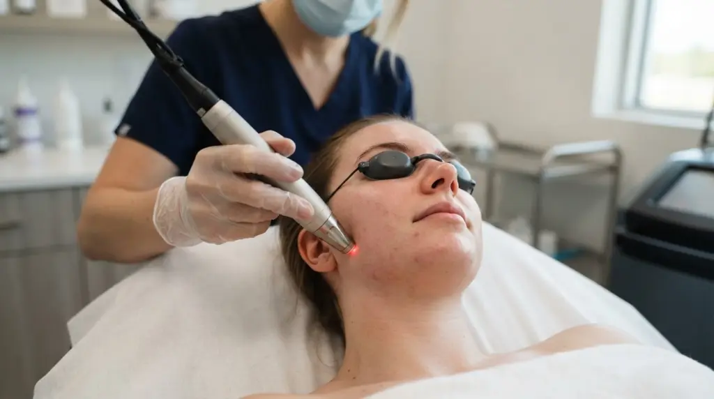 white woman receiving laser hair removal treatment with natural skin texture in a beauty clinic setting