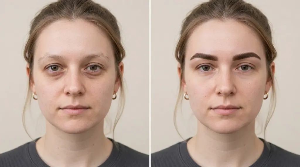 white woman showing natural eyebrow tint before and after with realistic textured skin