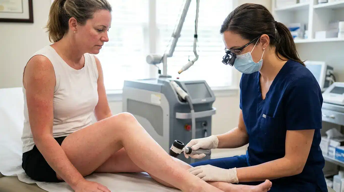 clinician examining sun irritated skin and postponing laser hair removal for safer treatment timing