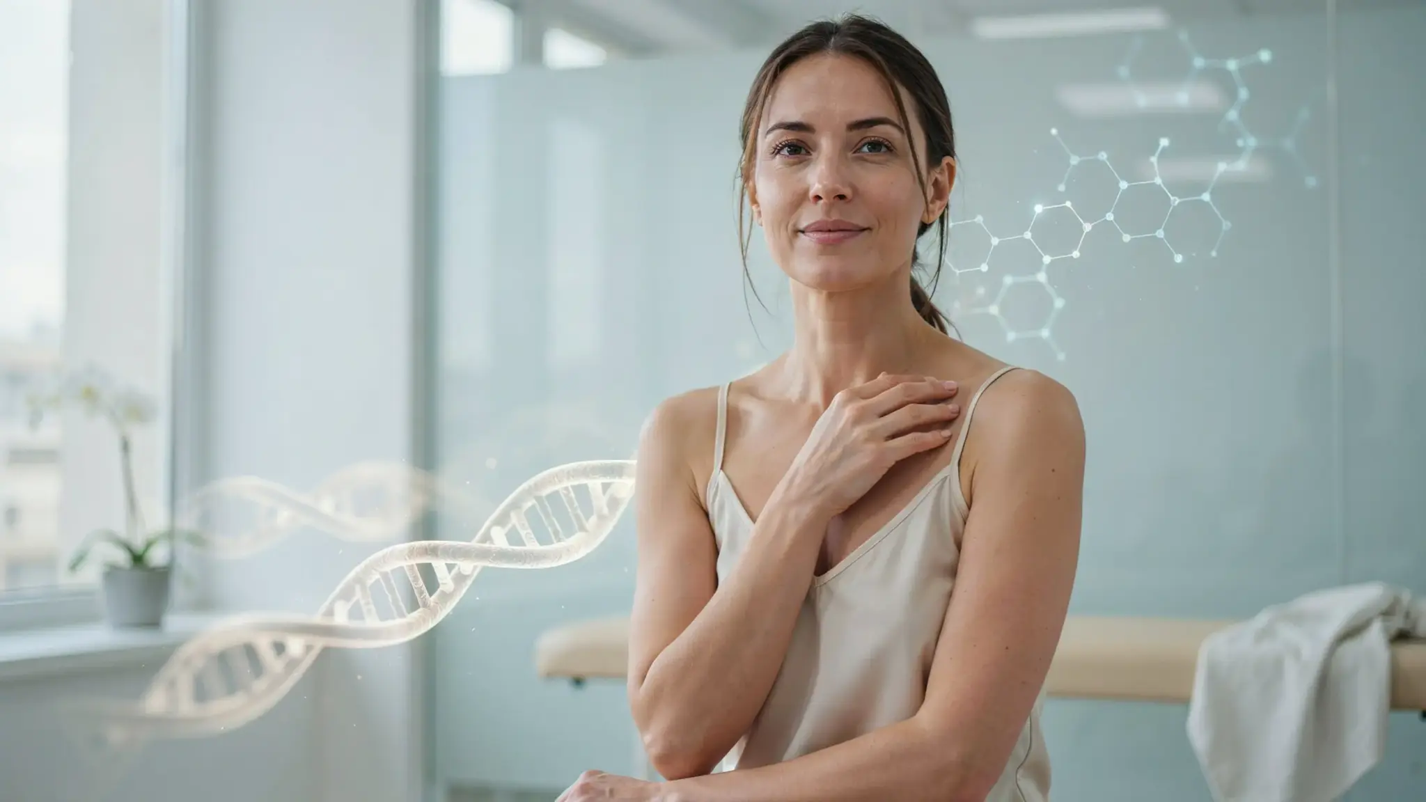 Woman touching her collarbone in a clinic, with DNA helix and molecule graphics symbolizing peptides and collagen support
