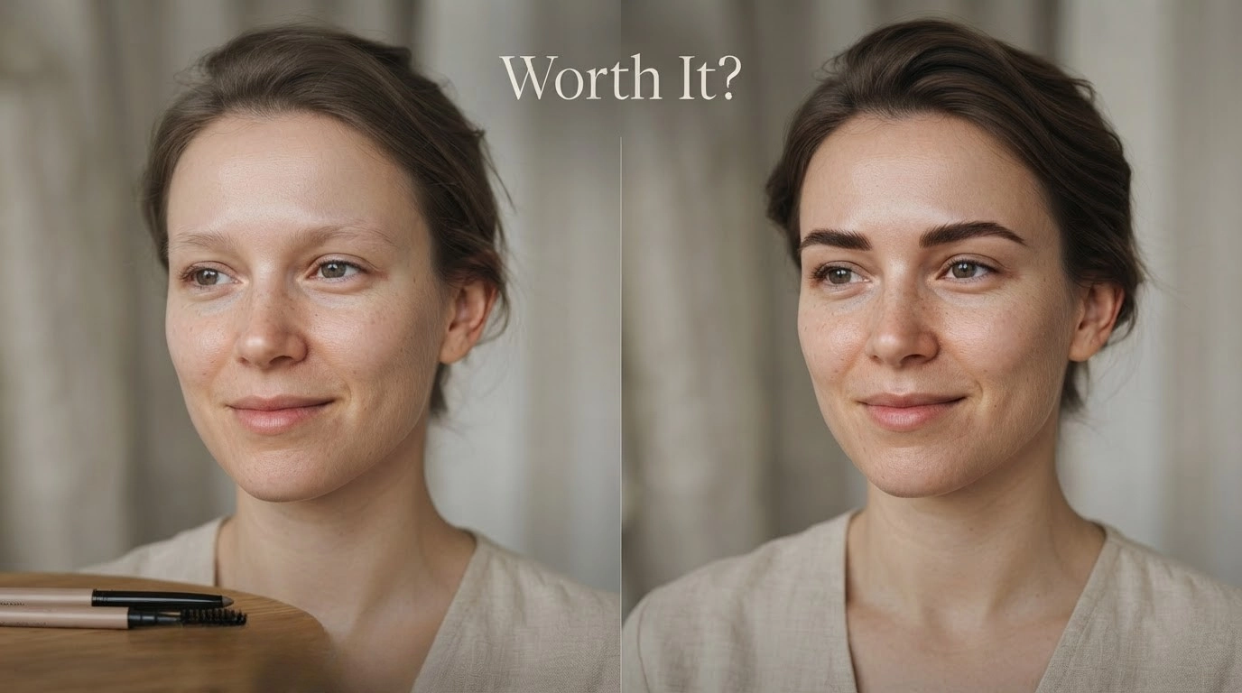 woman comparing natural brows with tinted brows while considering time saved and touchups