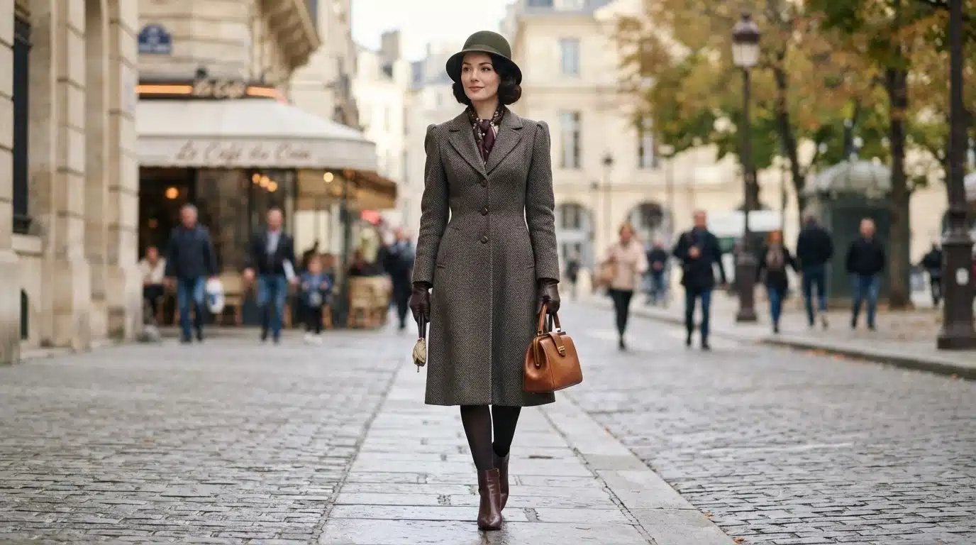woman in cloche hat and structured coat with gloves, scarf, handbag, and period shoes outdoors